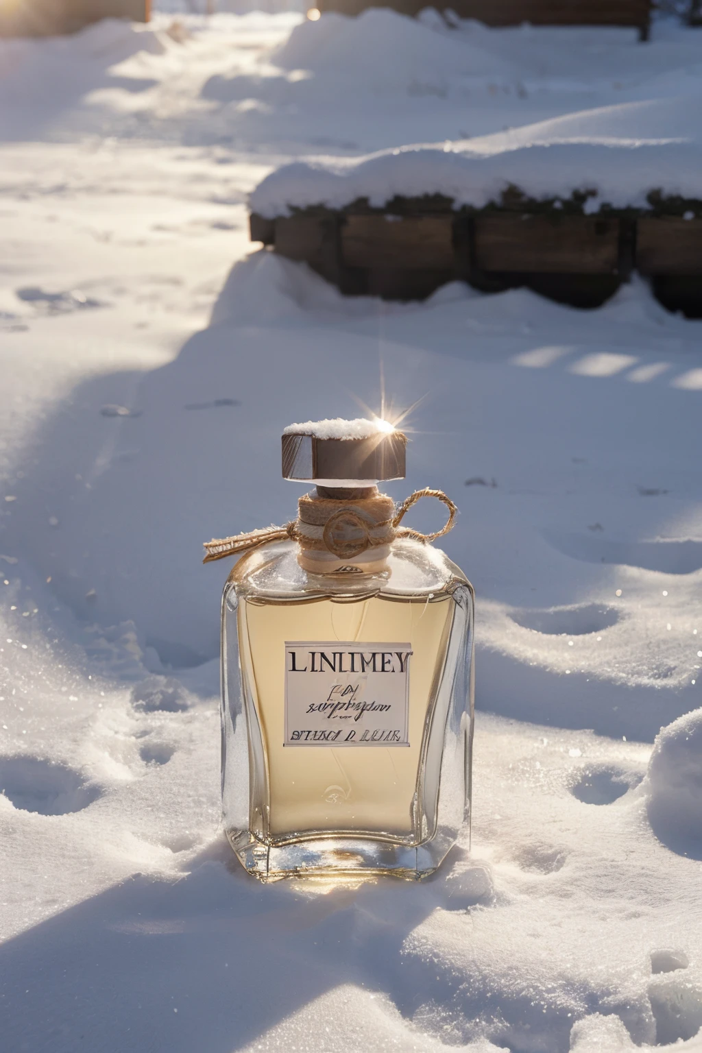 A bottle of perfume in the snow,Sunlight through perfume.Warm cabin in the background