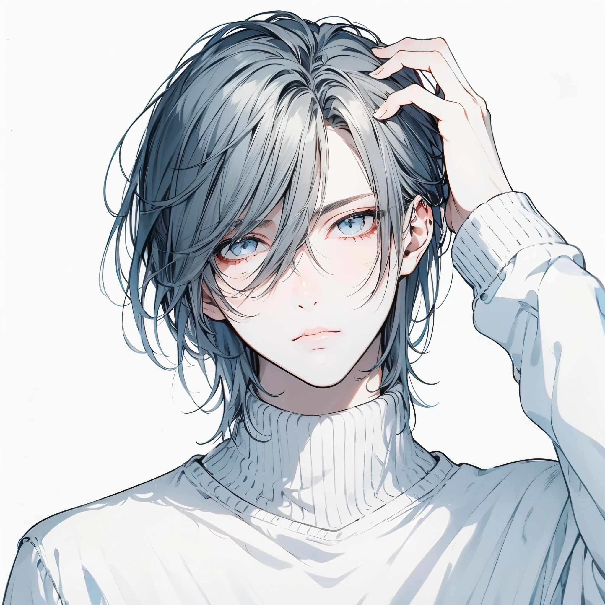 Beautiful young man, shoulder length hair, Straight hair, dull light blue hair, White High Neck Sweater, slit-eyes, Gray eyes, Touch your head, Front view, Composition showing from the waist up, Cool, Handsome,High quality, amount of drawing, pixiv illustration