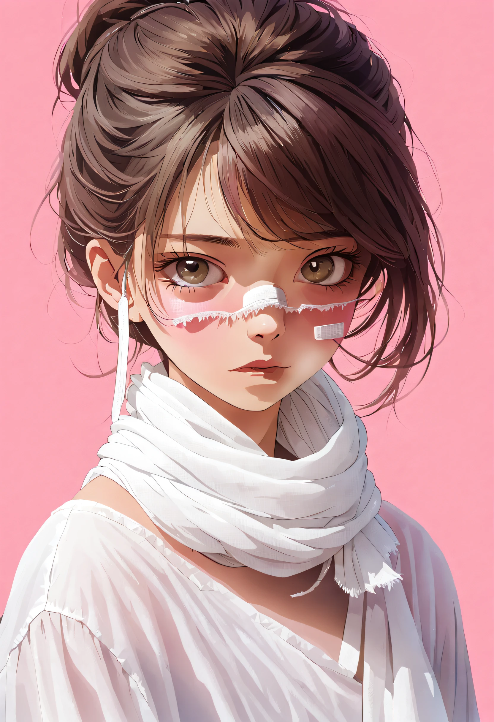 schoolboy, White hair rings, White color blouse, pretty  face, pink back ground, white bandage around eyes, Wearing a white gauze scarf around the neck, first person perspective, Best quality at best, high detal