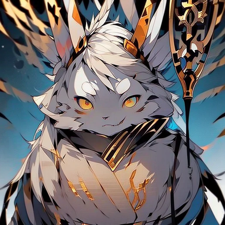 ( white bunny)  guarding a ancient door to the titans ( white cloak with golden that have symbols) ( the door symbol star on the front middle) ( golden eyes) ( death glare) ( holding a staff) ( female)