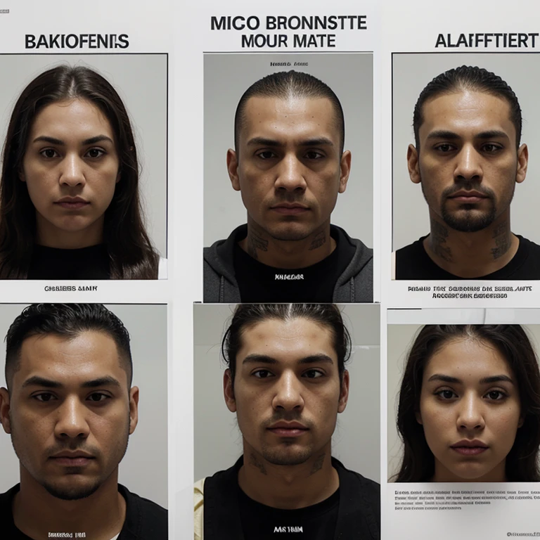 A photo realistic poster board of alleged gang members shown from left the right a couple of inches under the title, which written in a large black print in English. “Operation Takedown.” From left to right the alleged gang members will be shown with their photorealistic mugshots and under them will be their names written in small black ink along with their nicknames. Separate the large poster with the mugshots and their names/nicknames being at the top of the page and then at the bottom of the page leave a large white blank space.