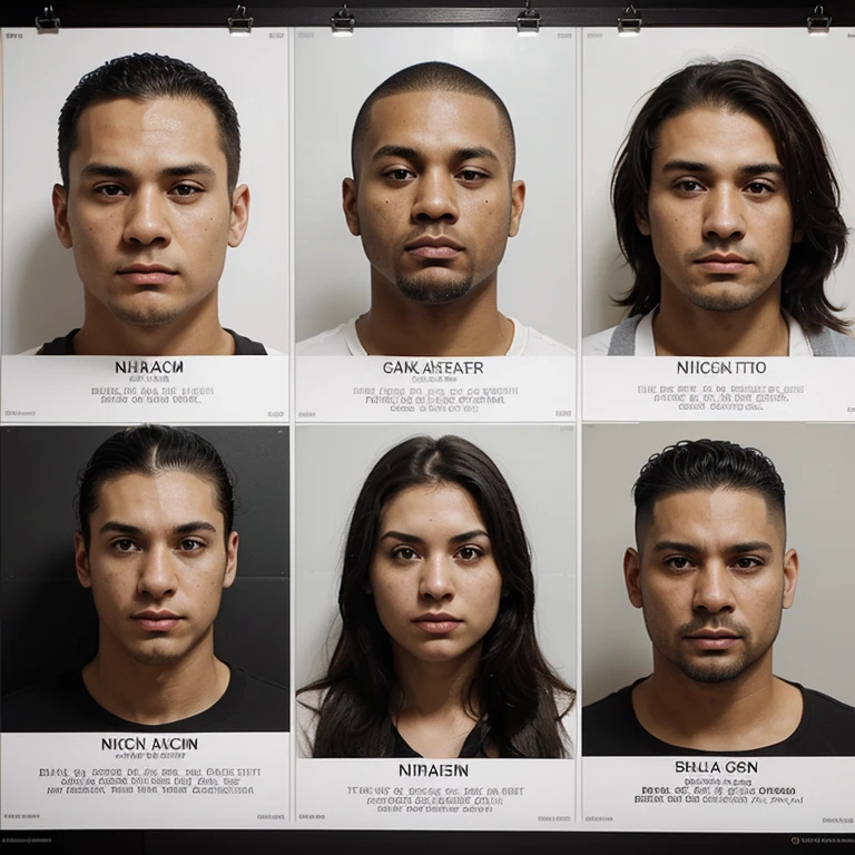 A photo realistic poster board of alleged gang members shown from left the right a couple of inches under the title, which written in a large black print in English. “Operation Takedown.” From left to right the alleged gang members will be shown with their photorealistic mugshots and under them will be their names written in small black ink along with their nicknames. Separate the large poster with the mugshots and their names/nicknames being at the top of the page and then at the bottom of the page leave a large white blank space.