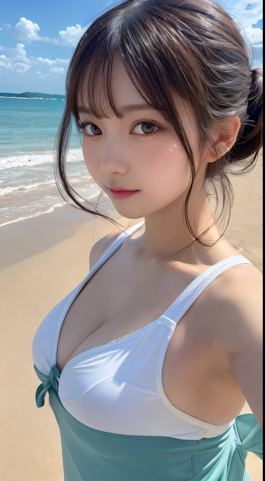 masutepiece, Best Quality, Illustration, Ultra-detailed, finely detail, hight resolution, 8K Wallpaper, Perfect dynamic composition, Beautiful detailed eyes, Swimsuit, Random cute hairstyles, medium breasts, Natural Color Lip,Beach, Random and cute poses,