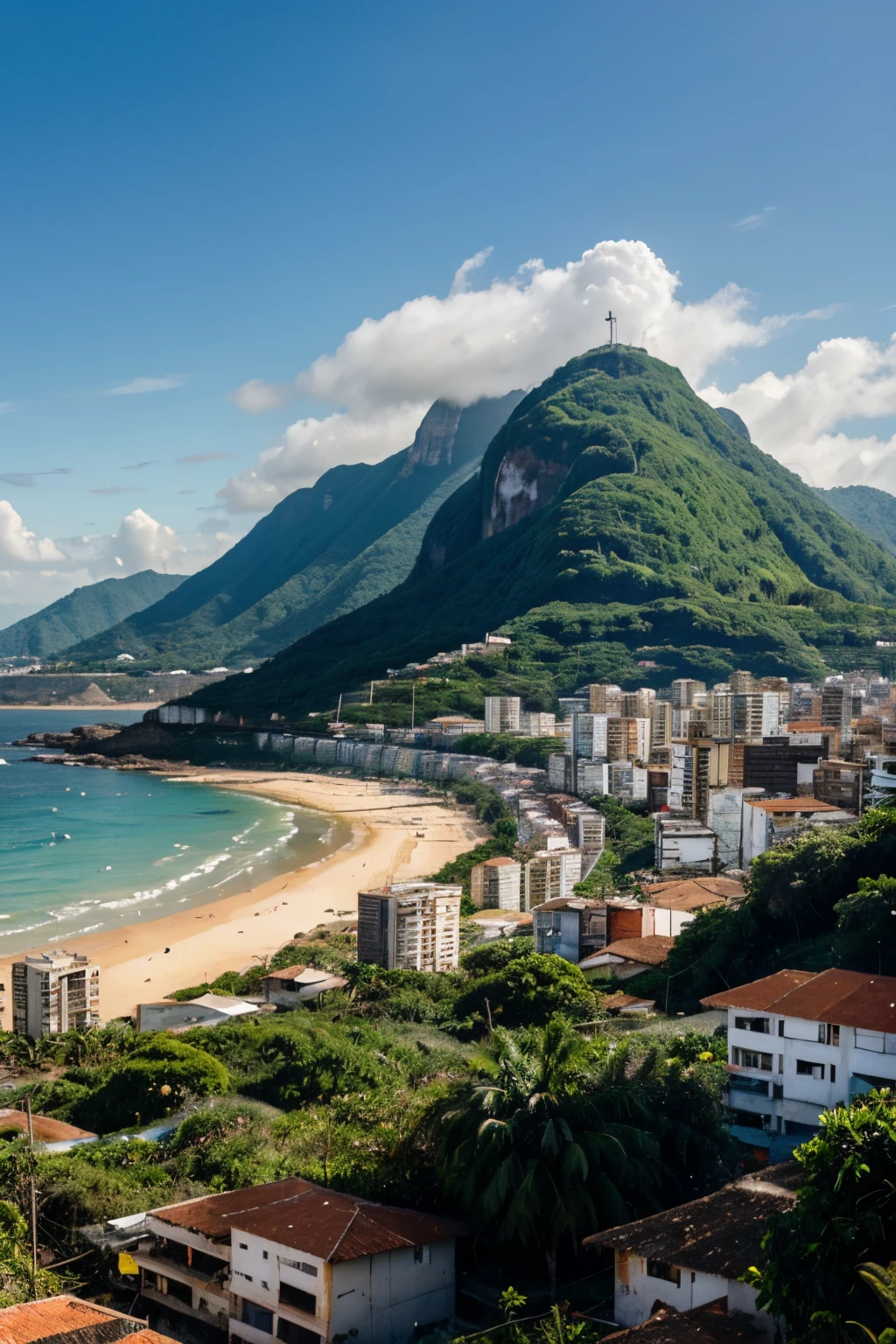 A war-torn Brazilian city on the edge of a greenish sea with a forested mountain and exposed rocks in the background
