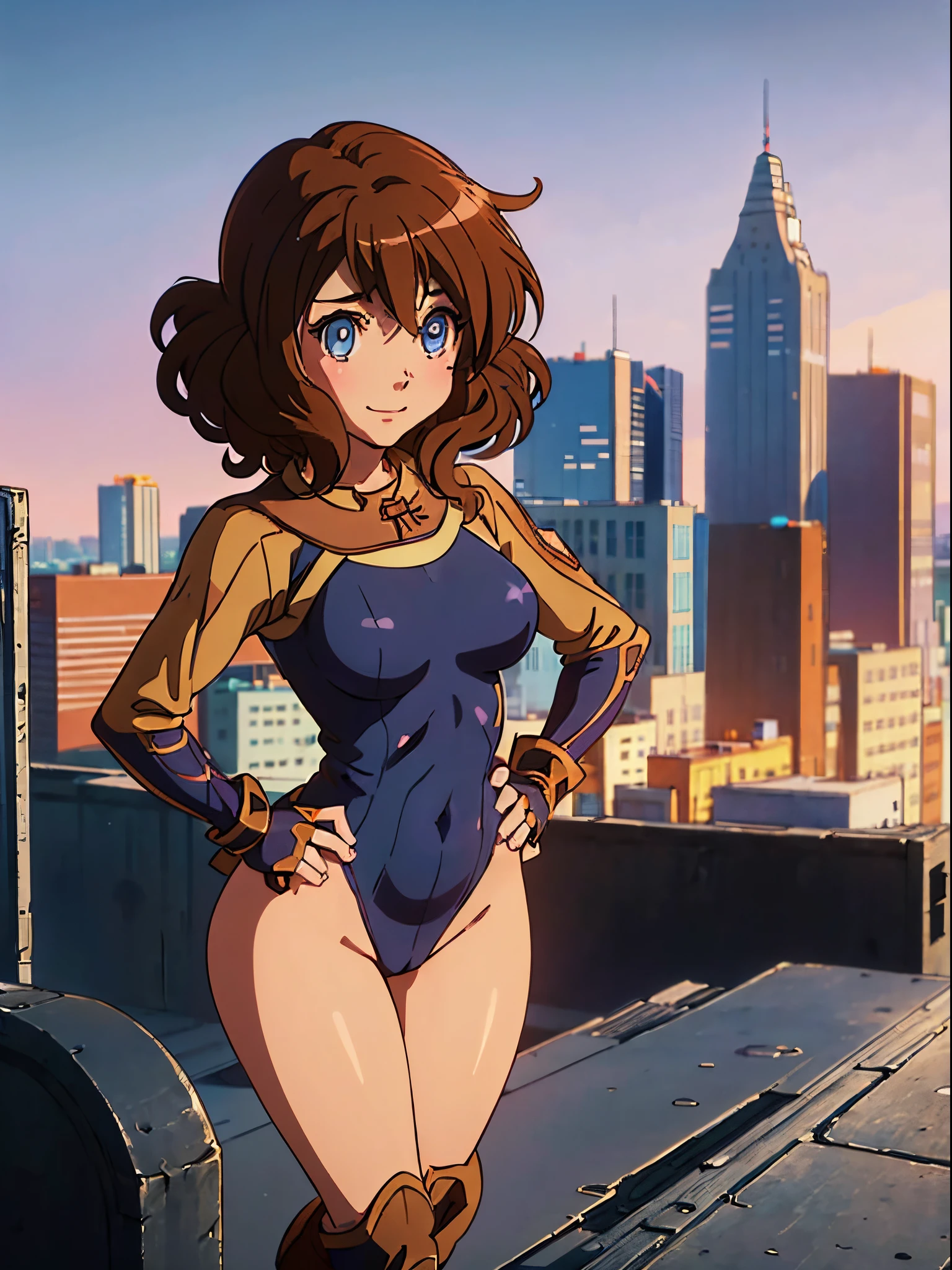 1girl, medium breasts, leotard, bare legs, gloves, boots, superhero, standing, hands on hip, city backdrop, (beautiful detailed eyes:1.6), (perfect hands, perfect anatomy), kumiko oumae, smile, medium hair