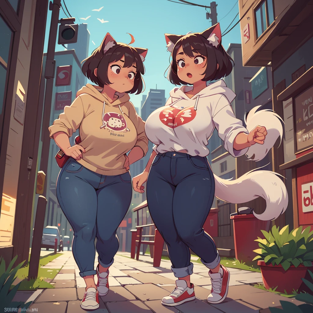 ,solo, female, muscular, giant, massive, enormous, gigantic, buff, biceps, abs,shy happy horny, short hair white, cat ear canine, snout, long snout, white fur, dramatic lighting, big breasts, street city night beautiful light, hoodie shirt and pants jean, sexy random pose,