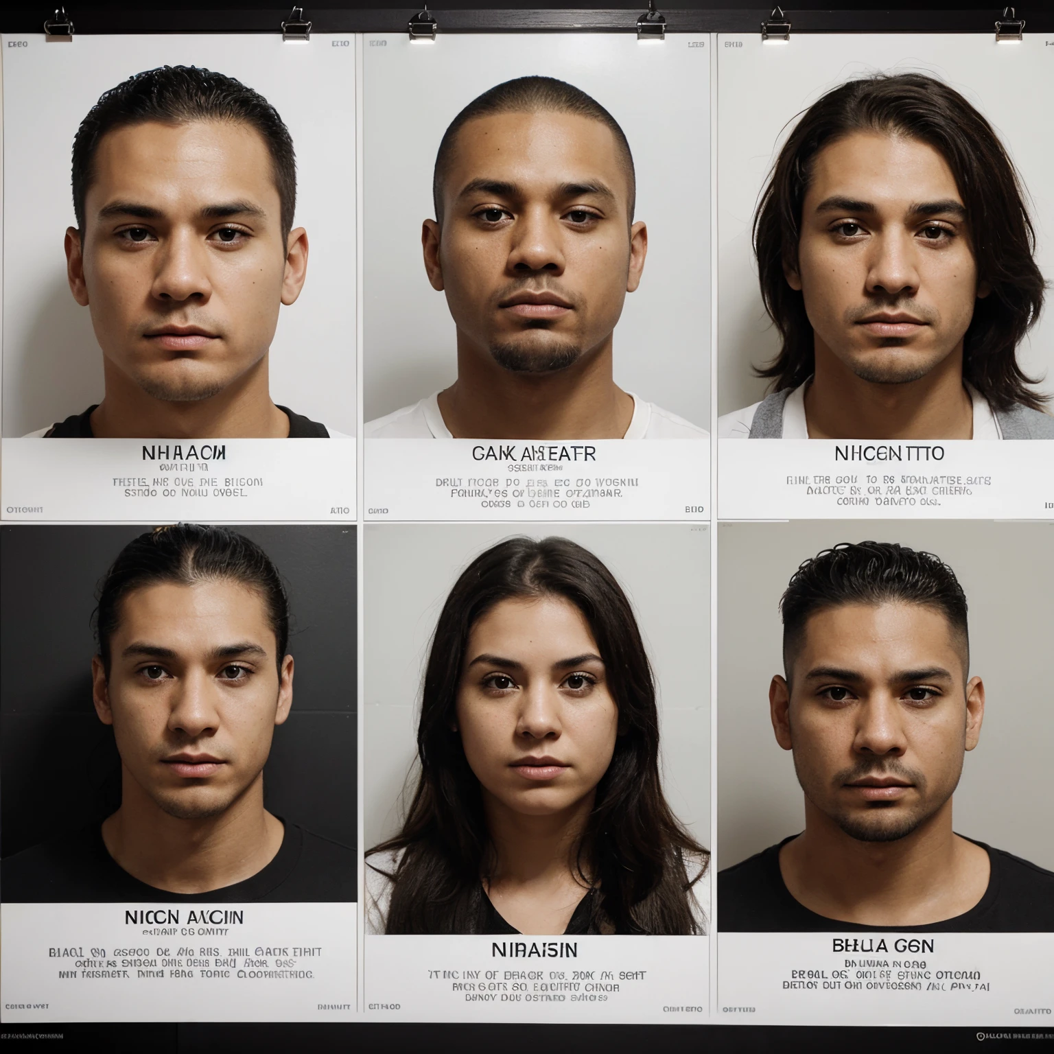 A photo realistic poster board of alleged gang members shown from left the right a couple of inches under the title, which written in a large black print in English. “Operation Takedown.” From left to right the alleged gang members will be shown with their photorealistic mugshots and under them will be their names written in small black ink along with their nicknames. Separate the large poster with the mugshots and their names/nicknames being at the top of the page and then at the bottom of the page leave a large white blank space.