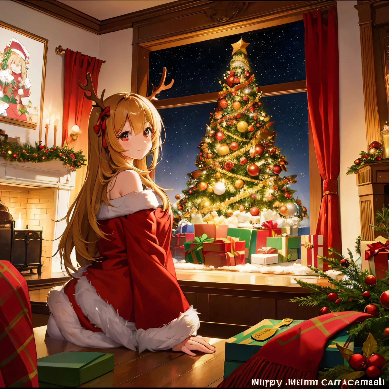 ((traditional)), ((greeting card)), ((Best Quality)), Beautiful Christmas greeting card featuring a cozy indoor scene with candlelight illuminating the festive atmosphere. Illustration style is、Adds a whimsical and playful touch to the scene, Incorporates all the elements of the Christmas spirit, decorated Christmas trees etc., clew, stockings hanging by the fireplace. Traditional colors of red and green create a warm and cozy atmosphere, Scene details are captured with incredible clarity. Created using Adobe Illustrator, Best quality and resolution artwork, Perfect for sending warm holiday wishes to loved ones. on eye level, Scenic, masutepiece.