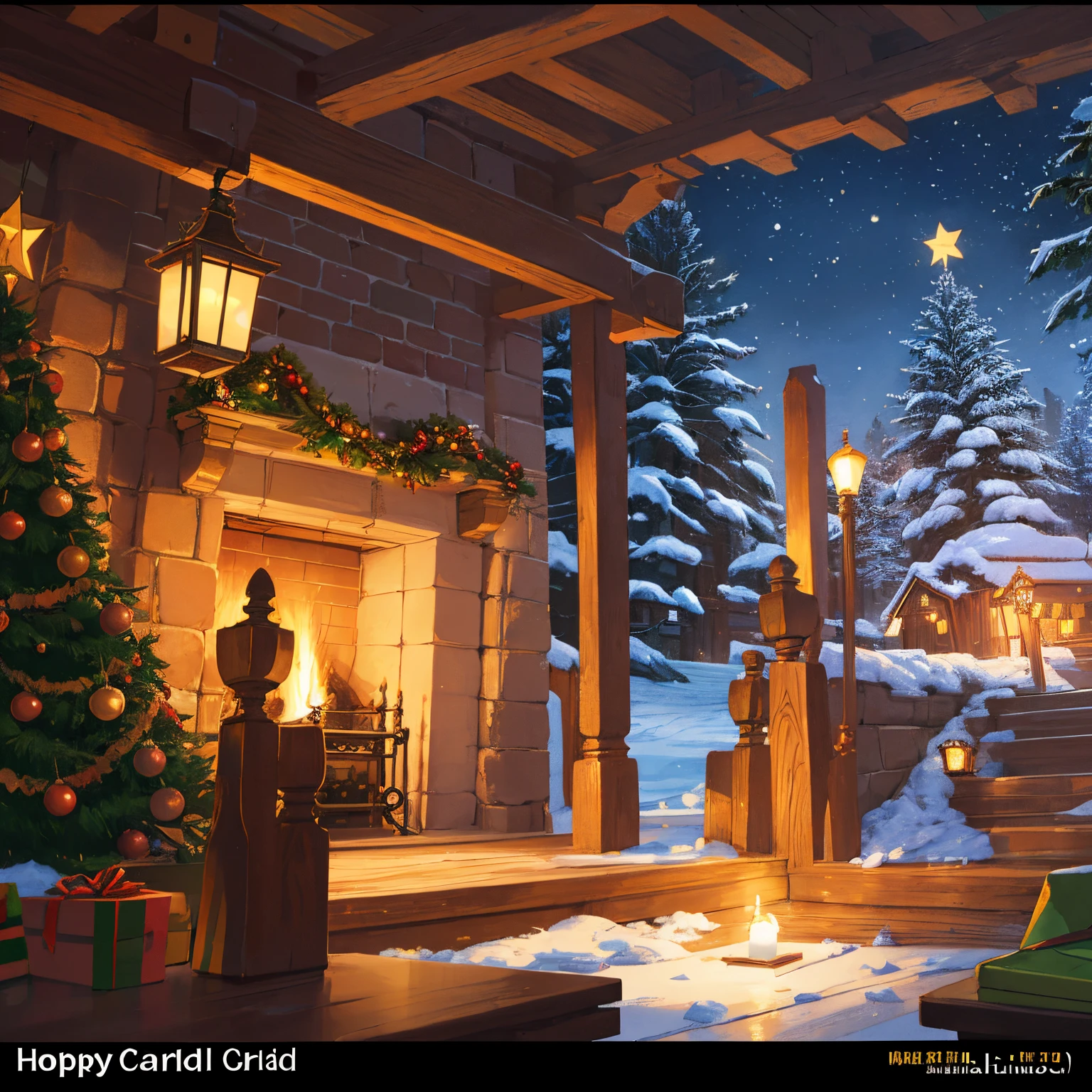 ((traditional)), ((greeting card)), ((Best Quality)), Beautiful Christmas greeting card featuring a cozy indoor scene with candlelight illuminating the festive atmosphere. Illustration style is、Adds a whimsical and playful touch to the scene, Incorporates all the elements of the Christmas spirit, decorated Christmas trees etc., clew, stockings hanging by the fireplace. Traditional colors of red and green create a warm and cozy atmosphere, Scene details are captured with incredible clarity. Created using Adobe Illustrator, Best quality and resolution artwork, Perfect for sending warm holiday wishes to loved ones. on eye level, Scenic, masutepiece.