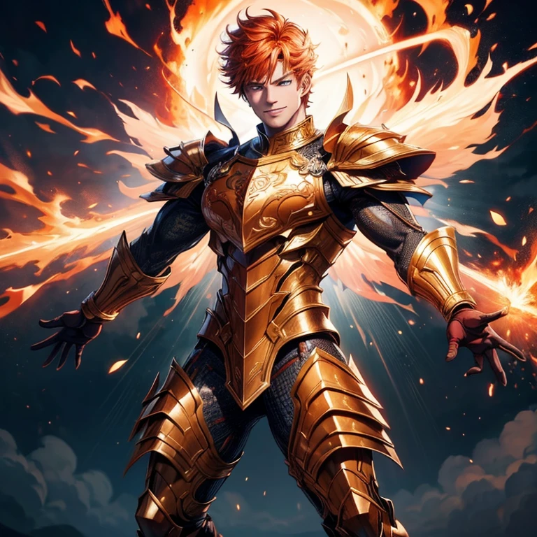 Master piece, 8k, ultra detailed, red armor, fire opal encrusted, muscular man, orange hair, blue eyes, confident smile, full body frame, vulcan eruption and blue lightnings blue light background