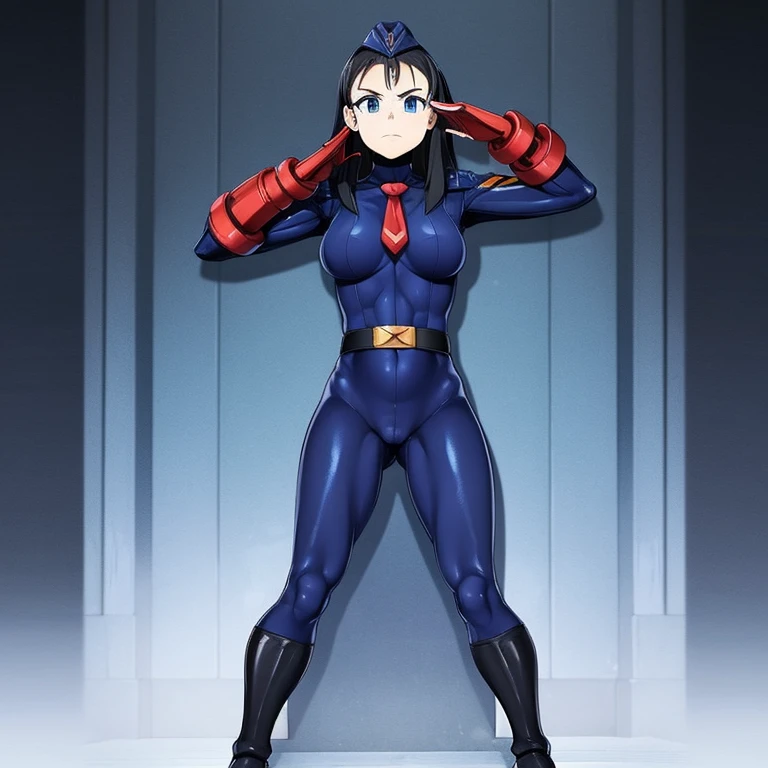 Masterpiece, Best Quality, Highly detailed, illustration, absurdres, street fighter, doll suit, shadaloo doll, nazi saluting, military, military saluting, salute, 1girl, solo, expressionless, blank eyes, looking at viewer, red gloves, emotionless, black latex, corrution, zofa suit, zofa soldier, mind control, female combatant, full body, hypnotized, standing, standing at attention, unhappy trance, full body suit, leotard, belt, Akebi's Sailor Uniform, akebi komichi, black hair, long hair, sky blue eyes, haigure