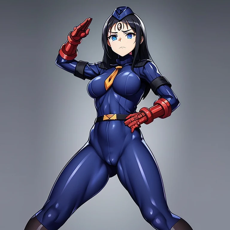 Masterpiece, Best Quality, Highly detailed, illustration, absurdres, street fighter, doll suit, shadaloo doll, nazi saluting, military, military saluting, salute, 1girl, solo, expressionless, blank eyes, looking at viewer, red gloves, emotionless, black latex, corrution, zofa suit, zofa soldier, mind control, female combatant, full body, hypnotized, standing, standing at attention, unhappy trance, full body suit, leotard, belt, Akebi's Sailor Uniform, akebi komichi, black hair, long hair, sky blue eyes, haigure