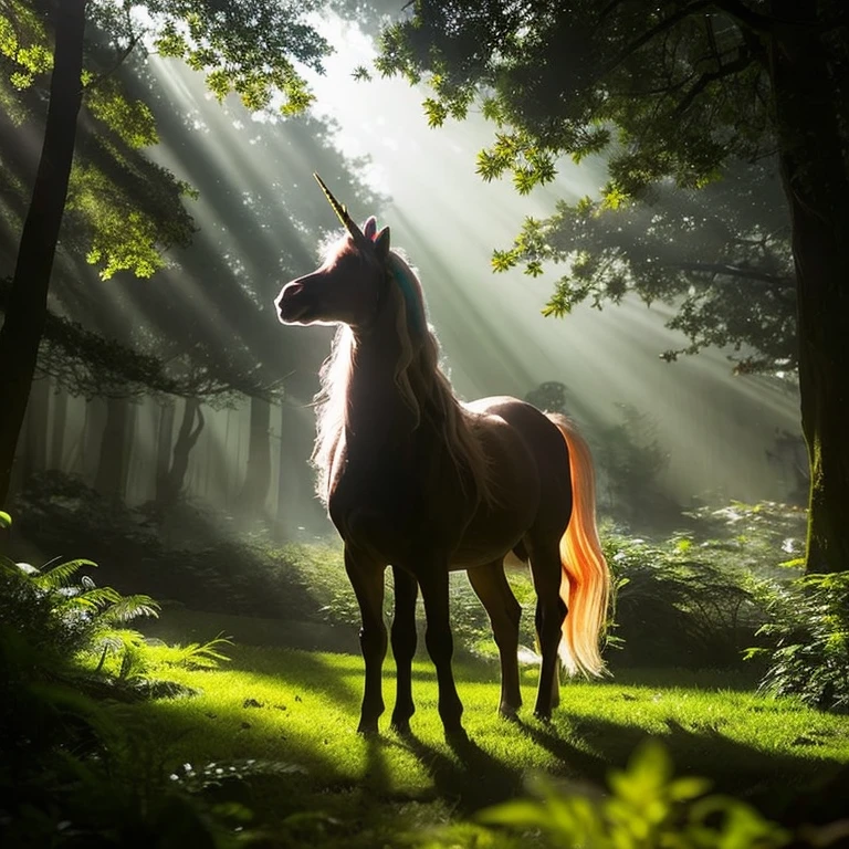 The background is a mysterious forest、Unicorn from the fog、A shrine illuminated by sunlight filtering through the trees