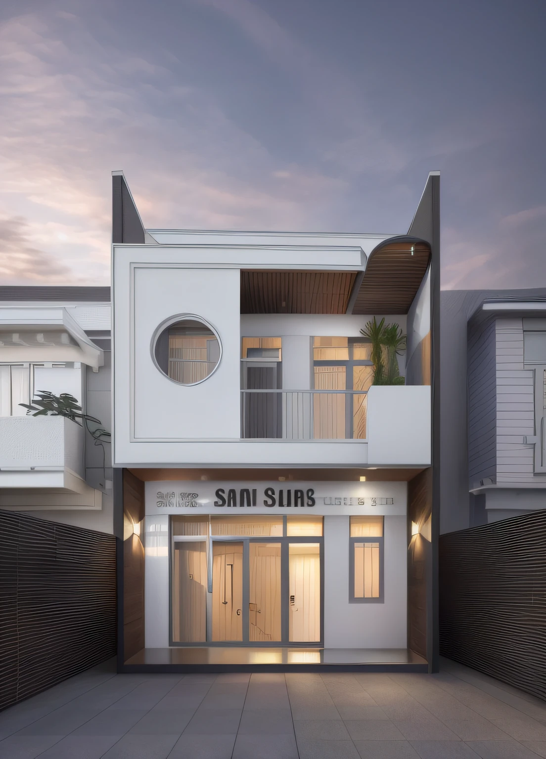 arafed view of a building with a sign that says sam sung, frontview, wide angle exterior 2022, front perspective, front-view, exterior design, very realistic 3 d render, concept house, hq very detailed, overall architectural design, mid-view, architectural visualization, realistic 3 d style, 3 d vray render, 3d rendering