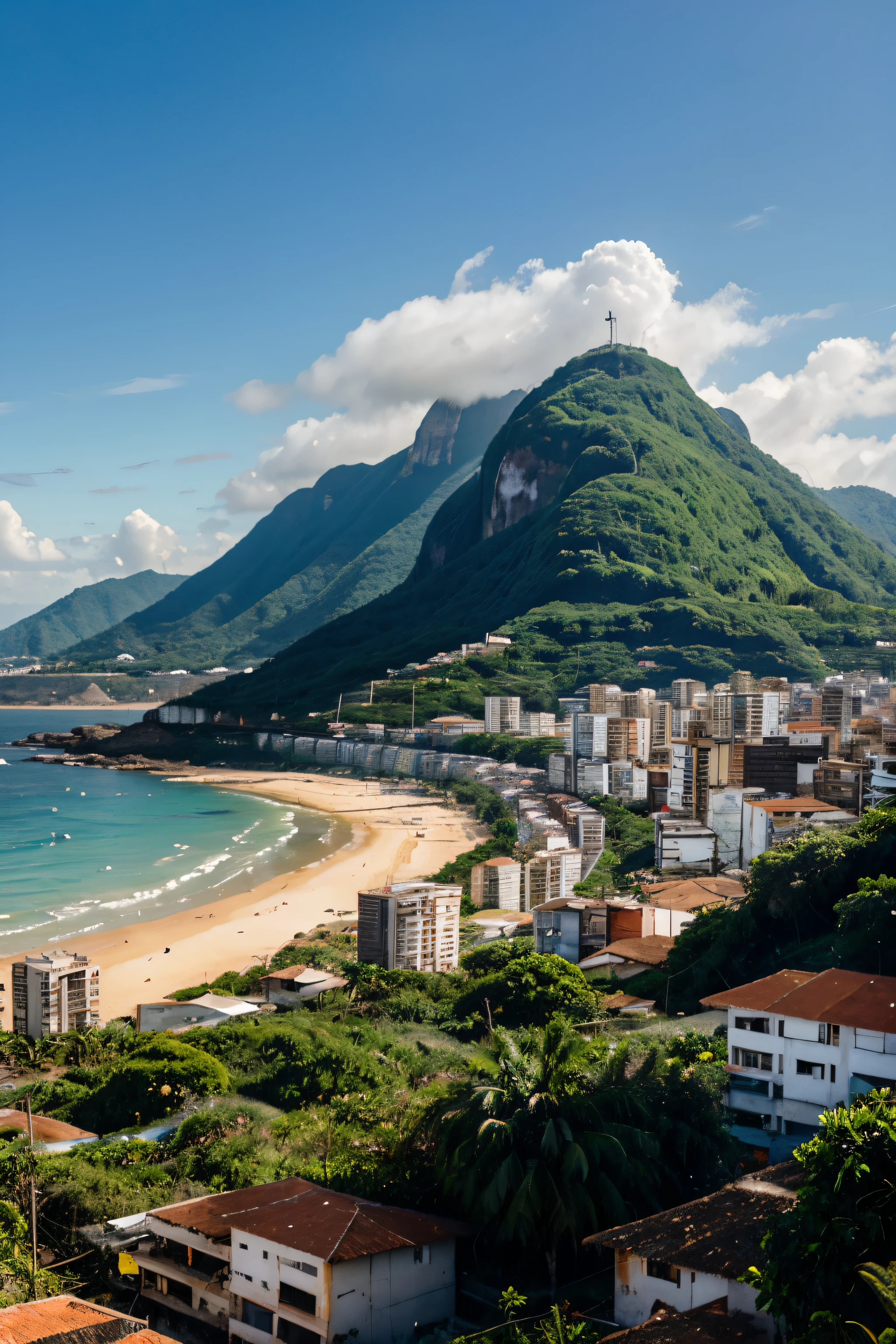 A war-torn Brazilian city on the edge of a greenish sea with a forested mountain and exposed rocks in the background