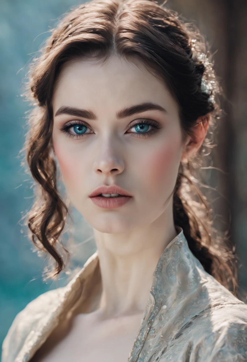 Photo of a beautiful young woman with pale skin, Italian, buxom, black hair, flipped hair, aqua eyes, makeup, pout, high detail, Realism, plain background, close-up, first-person view, 35mm, 16k, UHD, masterpiece, anatomically correct, textured skin, high details, best quality, highres