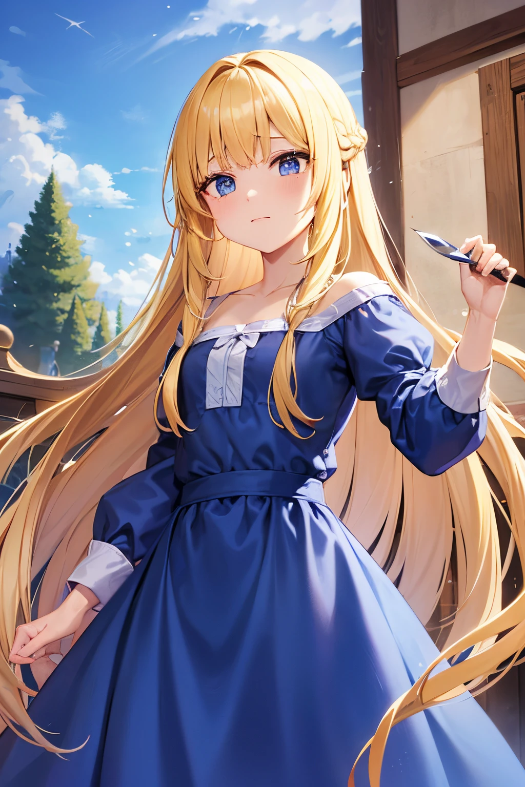 Rapunzel,soio,very Iong hair,blonde hai,take a knife and cut your own long hair,Crying a lot,