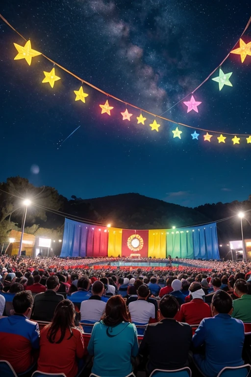 unas personas reunidas escuchando un discurso y que el fondo sea con colores amarillos,azul,y rojo y que tengan 8 estrellas en medio del fondo atras del pueblo reunido
