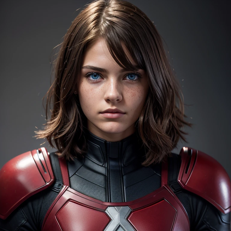 yearbook photo of a girl, beautiful face, (blue eyes), (jaw length wavy shag haircut), very light brown hair, freckles, toned build, (red and black x-men armor), female lead character, pouty look. moody lighting, cinematic