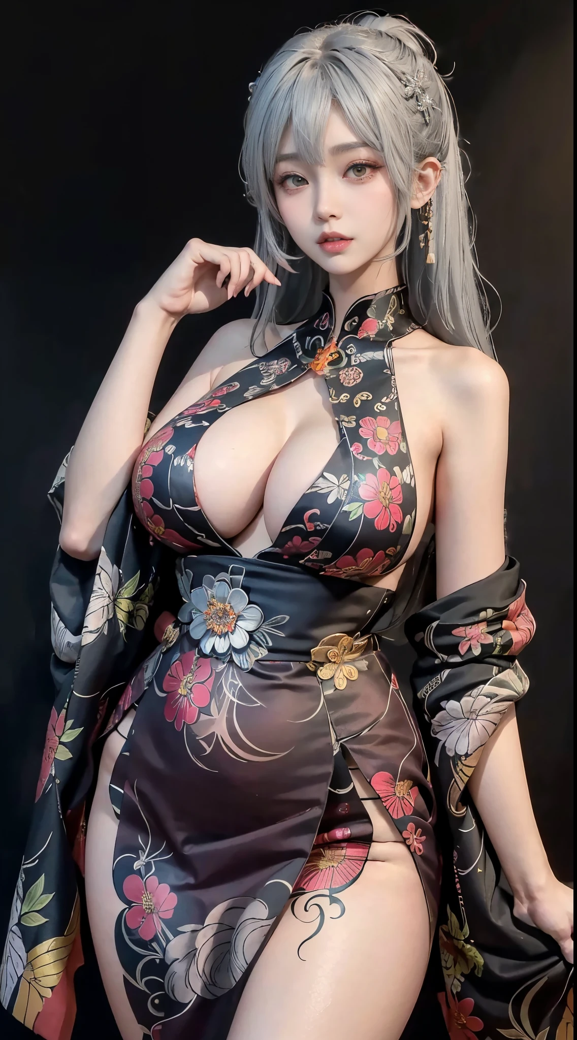 1 Sister, beuaty girl (24 years of age), 摩洛解放阵线, humongous large breast:1.1, Nice face, yellow eyes, Long gray hair, Silver hair color, Long gray hair, through bangs, flower hairpin, cropped shoulders, 's, hold it in hand, rob, Skin very bright, Korean idol makeup, Focus on the pubic hair (Half a body), Shot from a low position from the front, Show hers, The kinky exposed, plum, plum, Beautiful curves, , Japanese underwear, Patterned, humongous large breast:1.1, perfect pubic bone, Best quality, ultra - detailed, The face very detailed, 详细's脸: 1.2, Round chest, irezumi tattoo style, Tattoos are , show her thighs , Thigh tattoos, Sexy thighs, Wide hips, plum, plum, stooped, stooped, Harmonious gesture