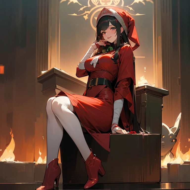 (concept image board:1.3), ((Mature girl in sexy Santa Claus costume:1.3, green and red dress, holding a gift box in both hands:1.2, close to viewer:1.2)), Mature woman with long black hair and red outfit, red winter coat with boa, scarf, green ribbon tie, Knee-length long boots, red and green winter clothing, Holding a present box wrapped with a ribbon:1.5, Christmas tree decorated with many ornaments:1.2, white bag on a sled, wearing a red pencil skirt, arabic, Bodysbian, Fine details, Beautiful anime illustrations, 28 years old, (A MILF:1.3), (Solo:1.5), (SFW:1.25), (Sagging breast, Fuge Breast, Big Tits, thin waist, Big ass:1.2), Raised sexy, (Dark Mahogany Medium Shorthair, Upstyle, Hair over one eye, asymmetric hair, curly hair, Lotai Bladesulman, White headscarf, shairband, Bandage on the head, turban), (Ultra High Resolution, 8k RAW photo, Photographic Realistic, thin outline:1.3, sharp focus quality, Cinematic lighting, textile shading, blurry backround, field of depth, Bokeh, (Bright pupils, Fine and beautiful eyes with highlights:1.3, ultradetailed eyes, high detailed face), Red Lip, High quality and realistic skin:1.1, Look at viewers:1.3, (Dynamic Angle:1.3, Full body:1.3, Front view:1.1, harsh focus:1.3, From below:1.2), (Dynamic Posing:1.5, Sexy Posing:1.2, Sit with your knees:1.3, Leaning forward:1.2), (enchanting happy smile:1.2), Centered image, (She is wearing a long red coat with a boa and a chest.:1.37)), Gold ornaments, wrap red clothes around your waist, dark red long leather boots:1.3, translucent white lace pantyhose), (((Correct anatomy:1.5, Perfect Anatomy:1.25, ))), (in night:1.3), (Indoors:1.2, In front of the fireplace:1.3),
