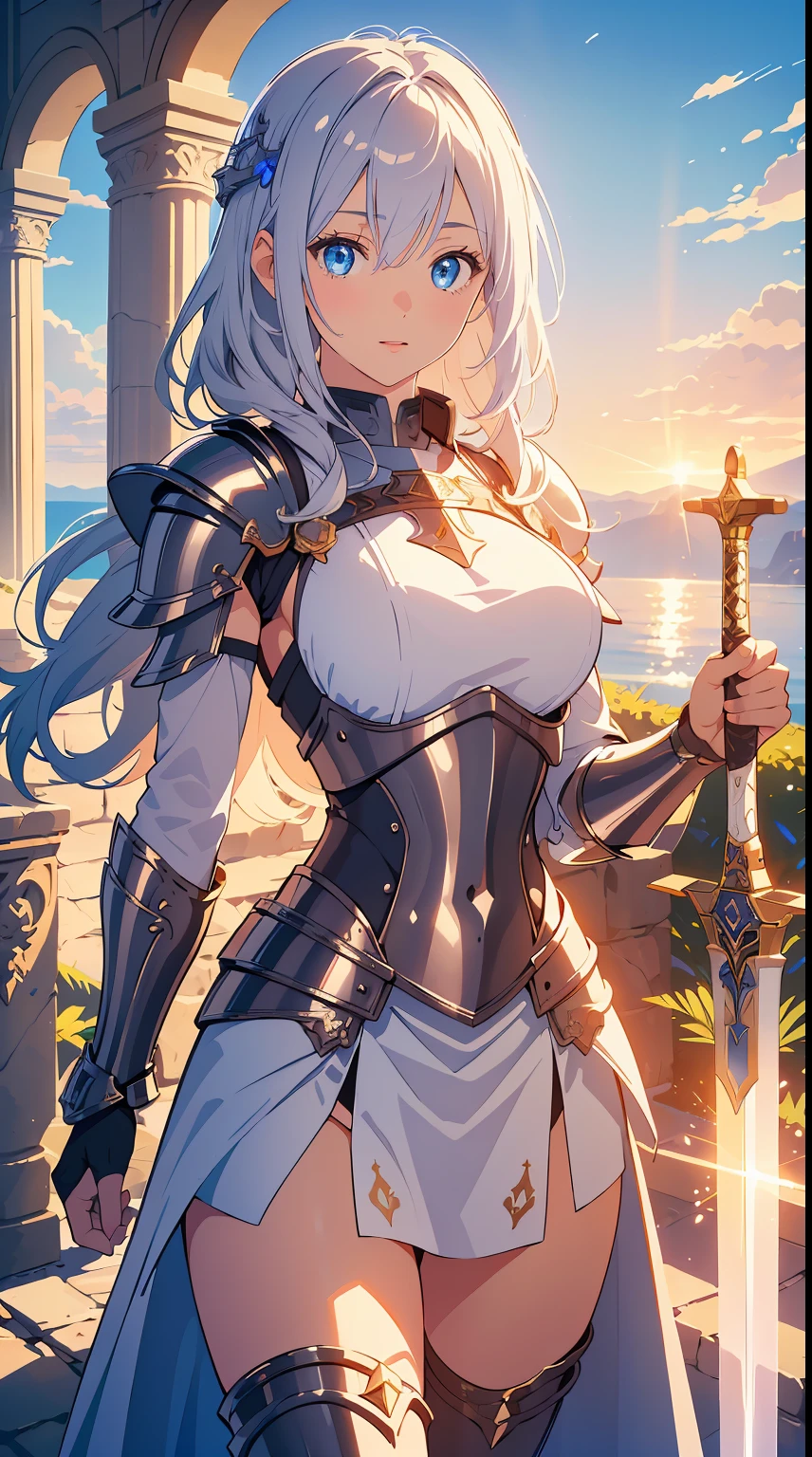 (best quality,4k,8k,highres,masterpiece:1.2),ultra-detailed, ragnarok online, crusader, female, holy knight, pearl white knight armor, beautiful, large sword, god rays, basking in holy light, smiling, eyes half closed