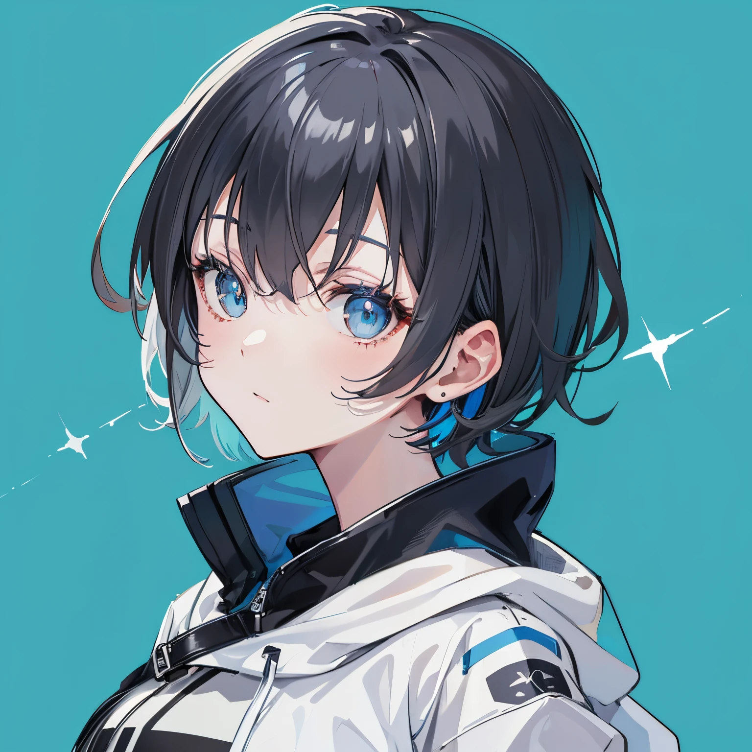 (masutepiece:1.2, Best Quality),  [1 girl in, expressioness, Turquoise eyes, Slate-gray hair, half short cut hair,White Jacket,jacket comes off, ] (Gray white background:1.7),