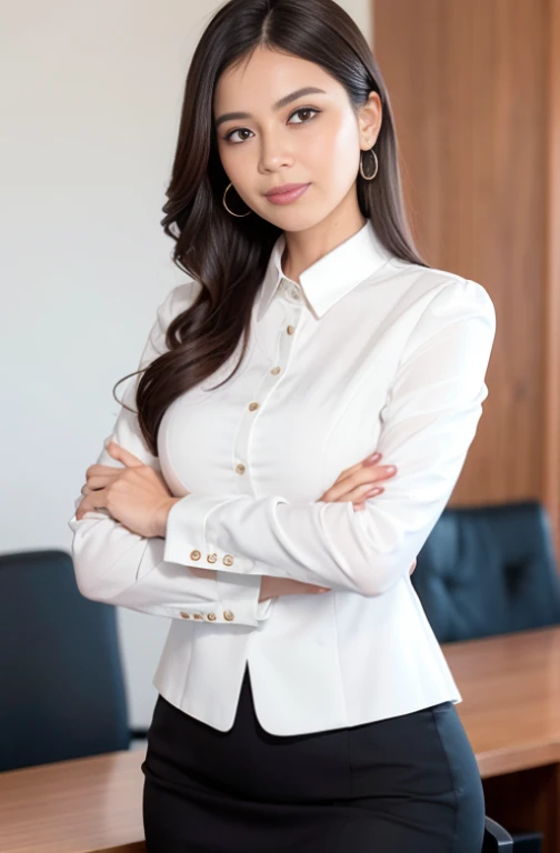 A beautiful, youthful, energetic Asian woman in her 30s, Ms Lyna, a successful digital marketing manager, wearing a stylish black dress, standing confidently in a modern office setting, looking directly at the camera with a warm smile, her long black hair flowing gracefully, surrounded by digital marketing icons and graphs on the walls, 8K resolution, highly detailed, cinematic lighting, photorealistic