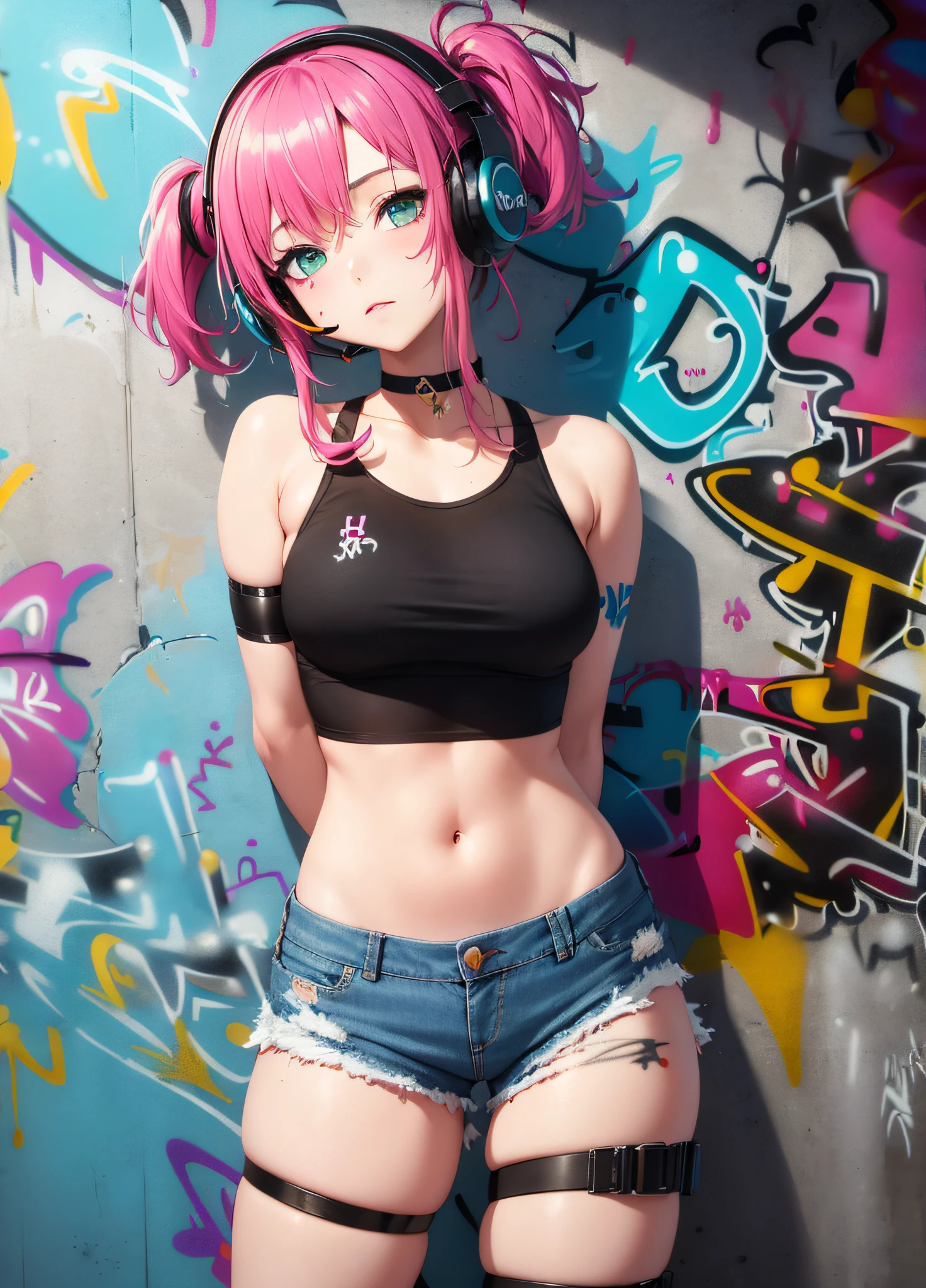 masterpiece, best quality, 1girl, solo, crop top, denim shorts, choker, (graffiti:1.5), paint splatter, arms behind back, against wall, looking at viewer, armband, thigh strap, paint on body, head tilt, bored, multicolored hair, aqua eyes, headset,
