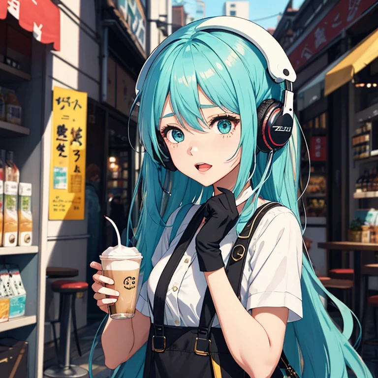 1girl, sozinho, Nakano Miku, cabelos longos castanhos, cabelo entre os olhos, headphones on head, (nu:1.3), (Avental branco), seios grandes, clivagem, Coxas, cafe background, (Corar:1.2)
