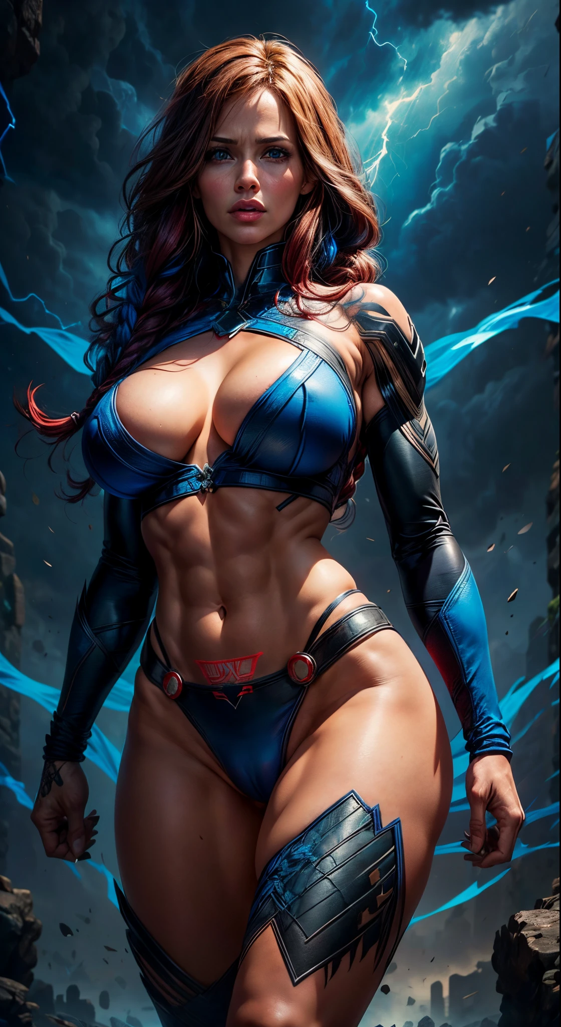(((naked))), Jennifer Garner shown to have a fairly slender figure. (((long braided red hair))), Cleavage exposed, (((storm from x-man))), (((no pants))), (((no panties))), dark, blurry, ((cobalt blue eyes)), soft light, superior quality, many details, sharp focus, realism, ((bare breasts)), ((topless)), ((cobalt blue eyes)), (((sexy colorful tattoos all over body))), ((large defined muscles)), ((camel toe)), ((cameltoe)), (((large breasts))), ((no bottoms)), ((no panties))