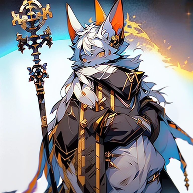 ( white bunny) guarding a ancient door to the titans ( white cloak with golden that have symbols) ( the door symbol star on the front middle) ( golden eyes) ( holding a staff) ( female) ( cold mountains)