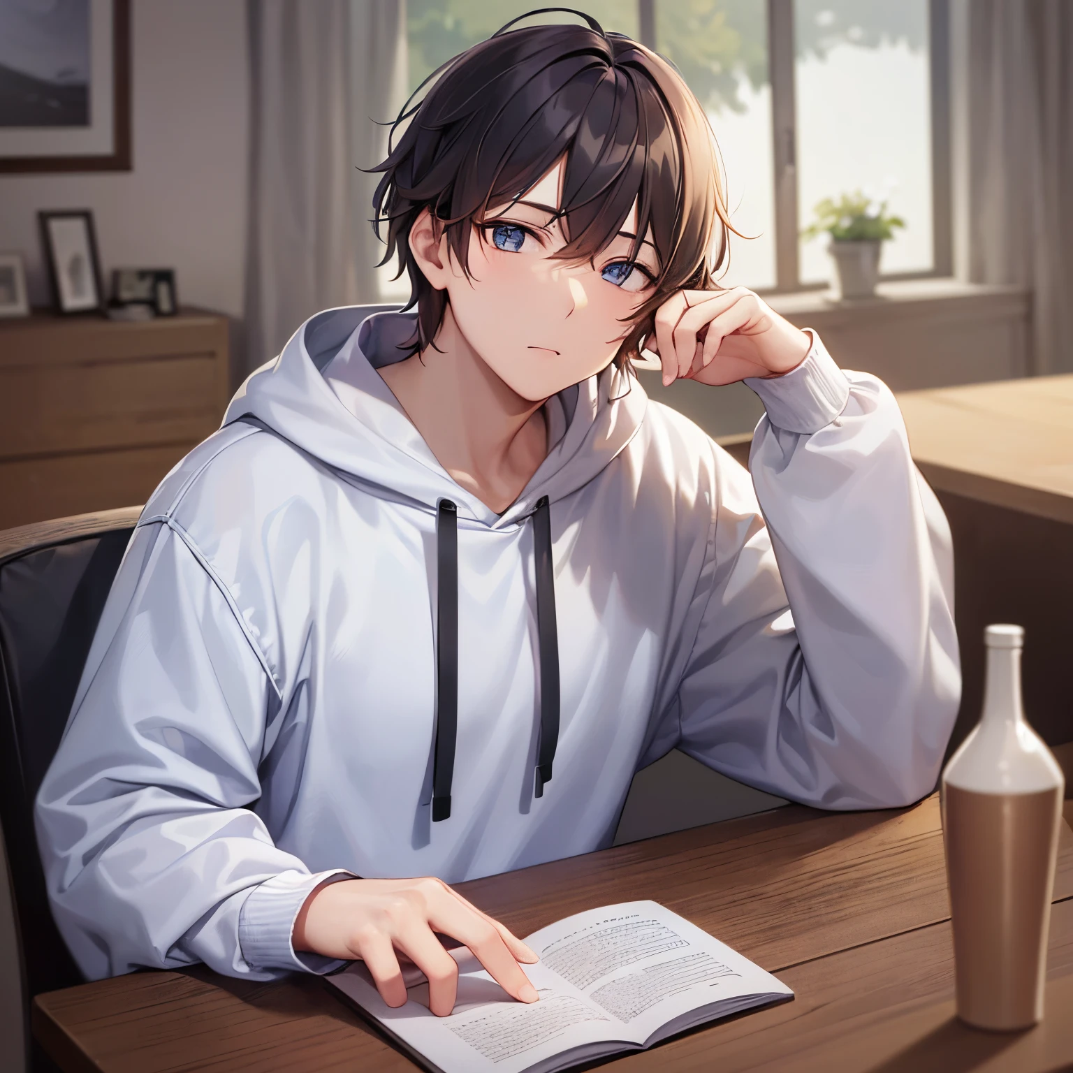 hands up, elbows on table, face palm, dutch angle, masterpiece、hightquality、25 year old man with short brown hair and blue eyes、Hoodie, (Alone:1.5)、(confused:1.1)、(Only the upper body is shown.:1.3)、sitting on、The background is the living room、Bold composition、