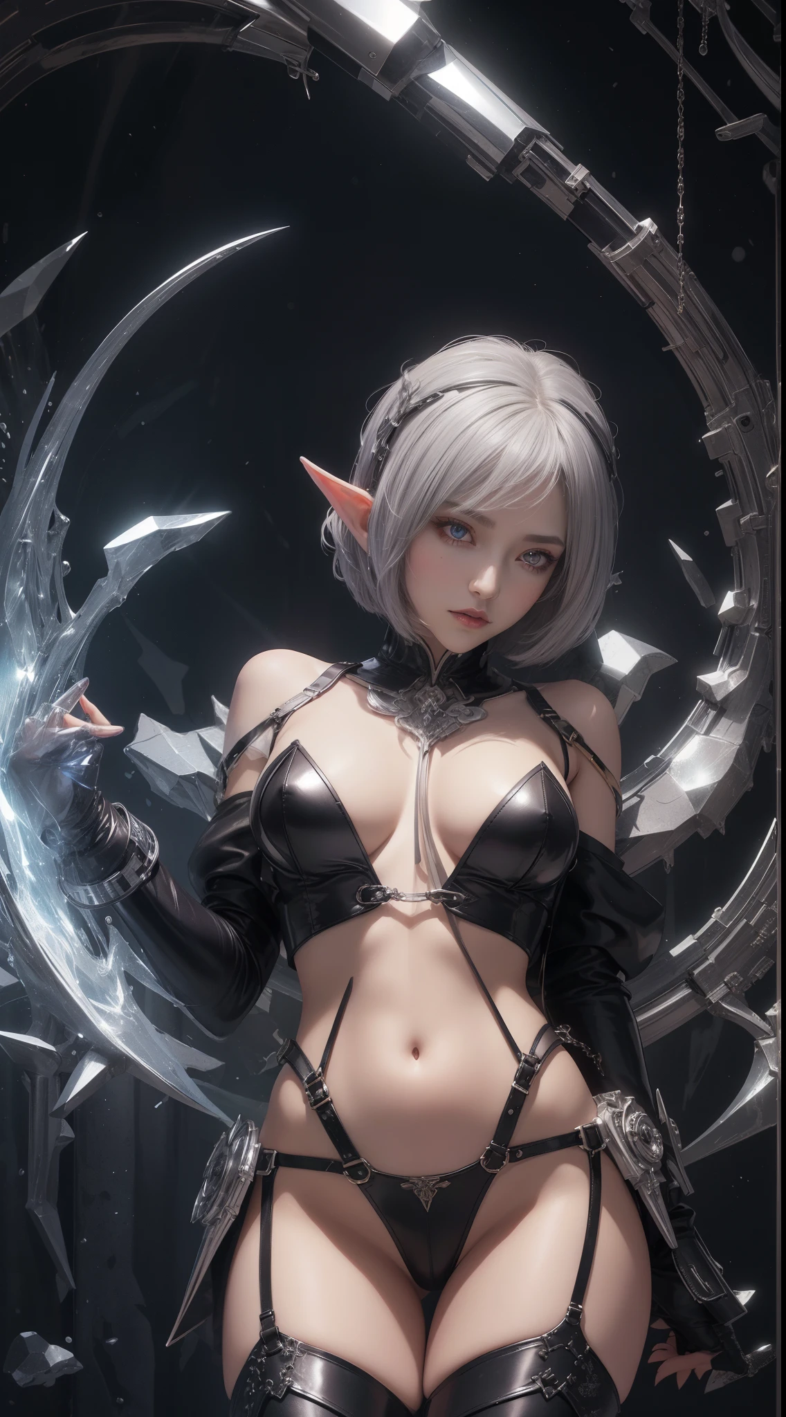 tmasterpiece,Highest image quality,Beautiful bust of a dark elf girl,Dark elf silver short hair style,Clear golden eyes,锁链,leather clothelack suspender stockings,High-heeled boots,Ultra-detailed details,advanced。At the Pixiv Art Station,Break your own power,The kinky exposed,R-18G