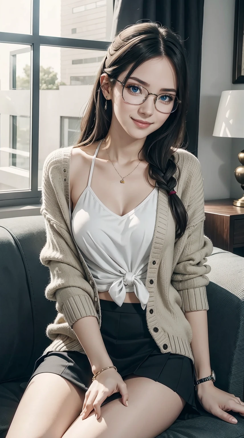 25-year-old Caucasian woman、bionde、blue eyess、Longhaire、I use a hair band to tie my hair together、a smile、My abs are cracked、The navel is out、accessories on the wrist、Slender but well-proportioned muscular body、a smile、Breasts are big、Wearing a cardigan、wearing a loose skirt、I'm sitting relaxing on the sofa by the window in the living room.、a smile、wears blue frame glasses、Reading a book