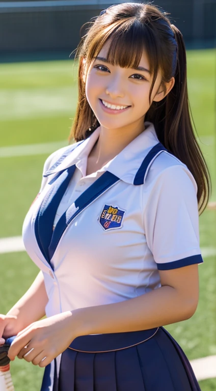 Schoolgirl photo,（Wearing high-school uniform_outfit）,Good Hand,4K,hight resolution,masutepiece,Best Quality,Head:1.3,((Hasselblad photo)),Fine skin,Sharp Focus,(Cinematic lighting),Daytime,Soft lighting,Dynamic Angle,[:(Detailed face:1.2):0.2],Large breasts、Smile、(((School sports ground_Background with))),Beautiful Japan
