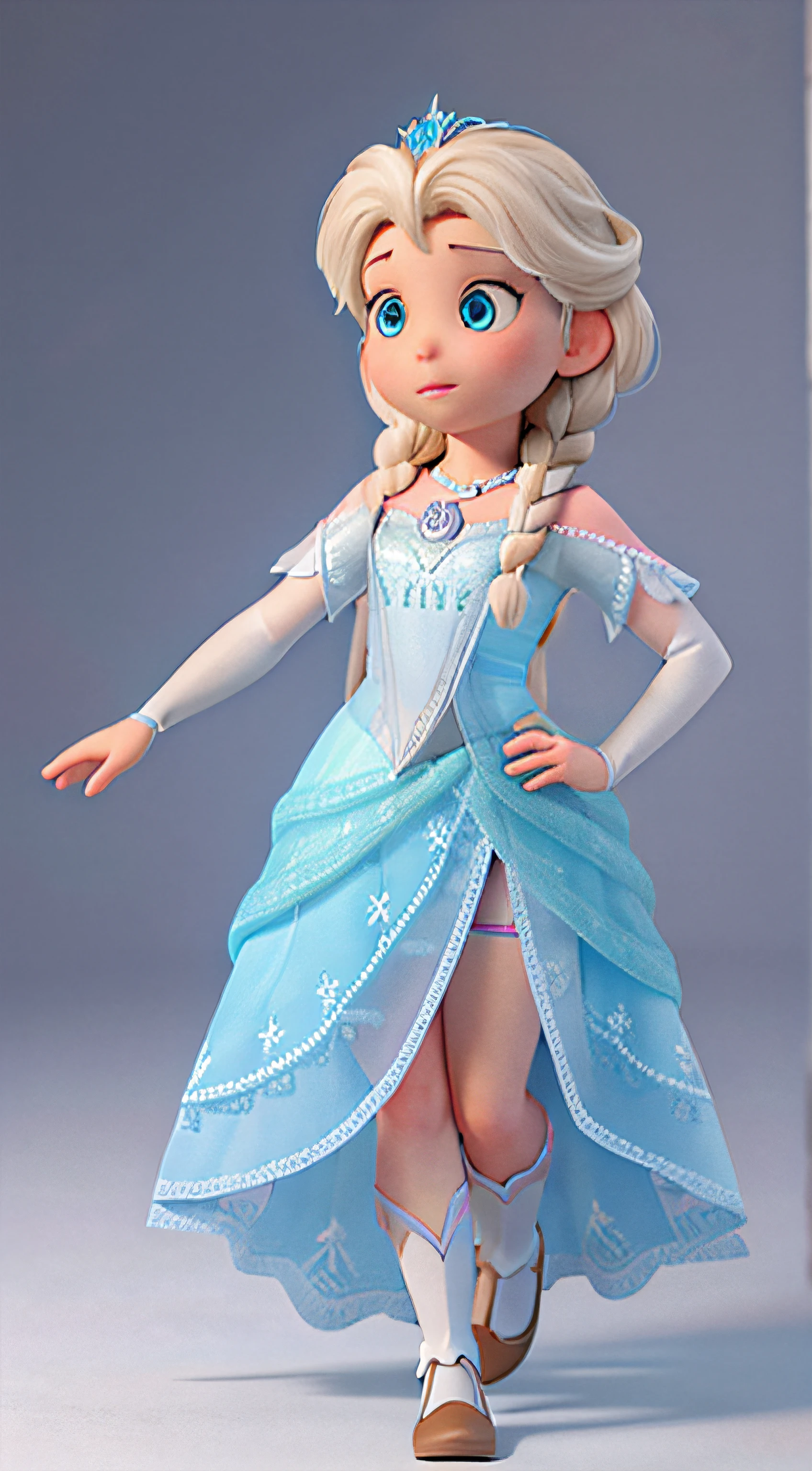 uma menina de 4 anos, Branco, cabelos castanhos claros cacheados, ao lado de Elsa de Frozen, solid blue background, octan render, 8k, detalhes intrincados, HDR.