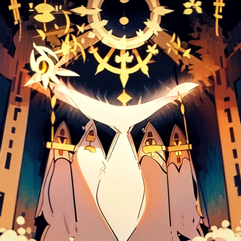 ( white bunny)  guarding a ancient door to the titans ( white cloak with golden that have symbols) ( the door symbol star on the front middle) ( golden eyes)  ( holding a staff) ( female) ( fluffy)