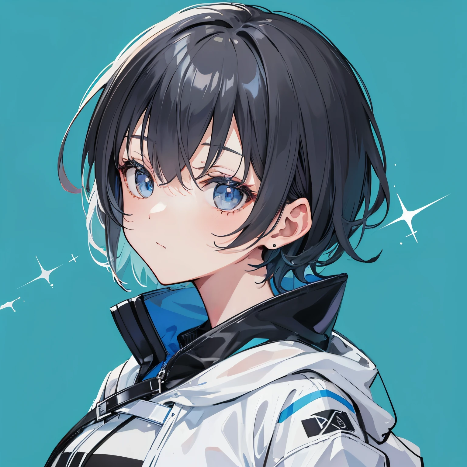 (masutepiece:1.2, Best Quality),  [1 girl in, expressioness, Turquoise eyes, Slate-gray hair, half short cut hair,White Jacket,jacket comes off, ] (Gray white background:1.7),