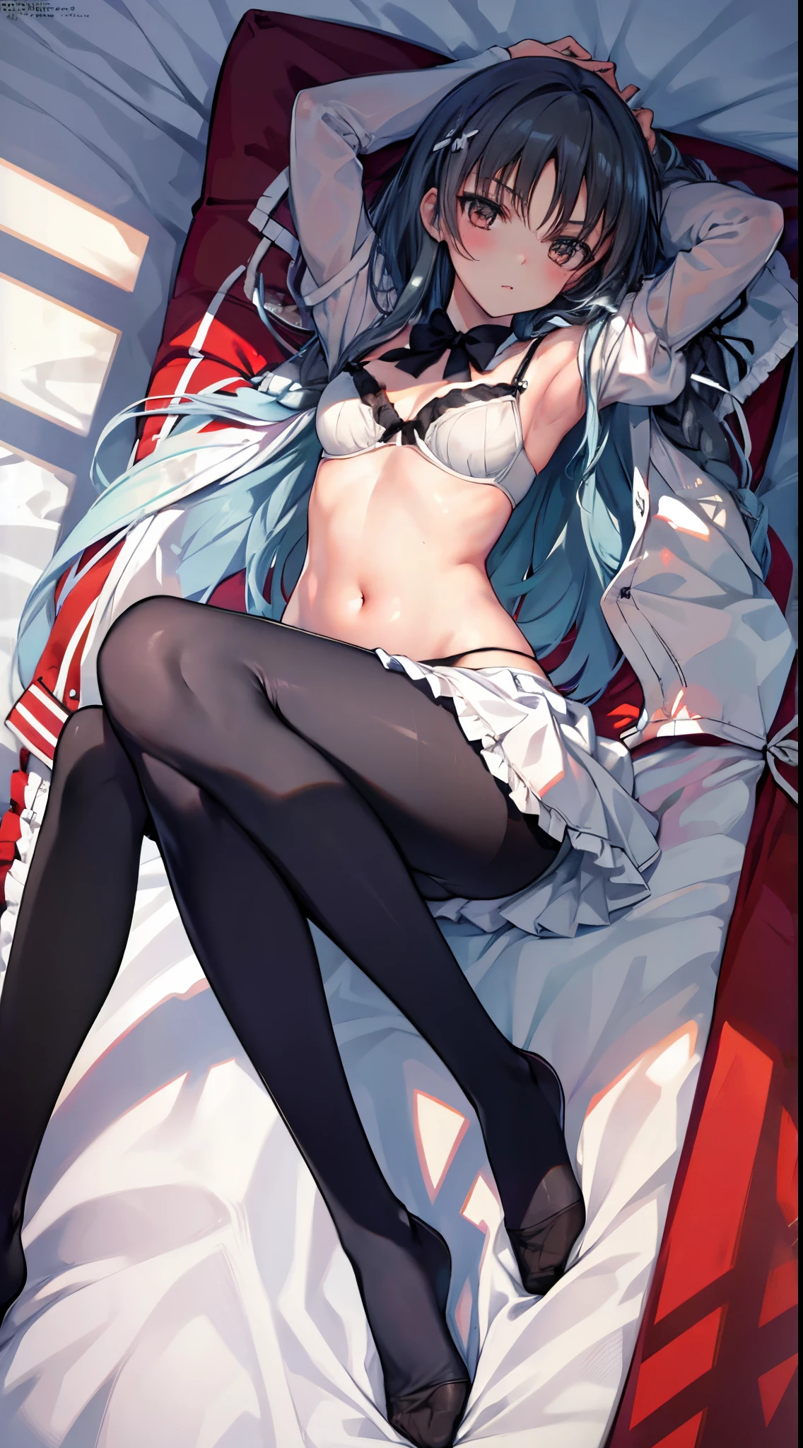 Top quality, masterpiece, very detailed, (full body shot from head to toe), frontal composition, symmetrical composition, very beautiful  girl, small breasts, (white frilly panties), (white frilly bra), (black pantyhose), (black tights), (no shoes) From above, a body lying on a white sheet, legs spread, legs spread in an M shape, black stockings, (white frilly panties), (white frilly bra), Mikoto Misaka, brown very long hair, brown eyes