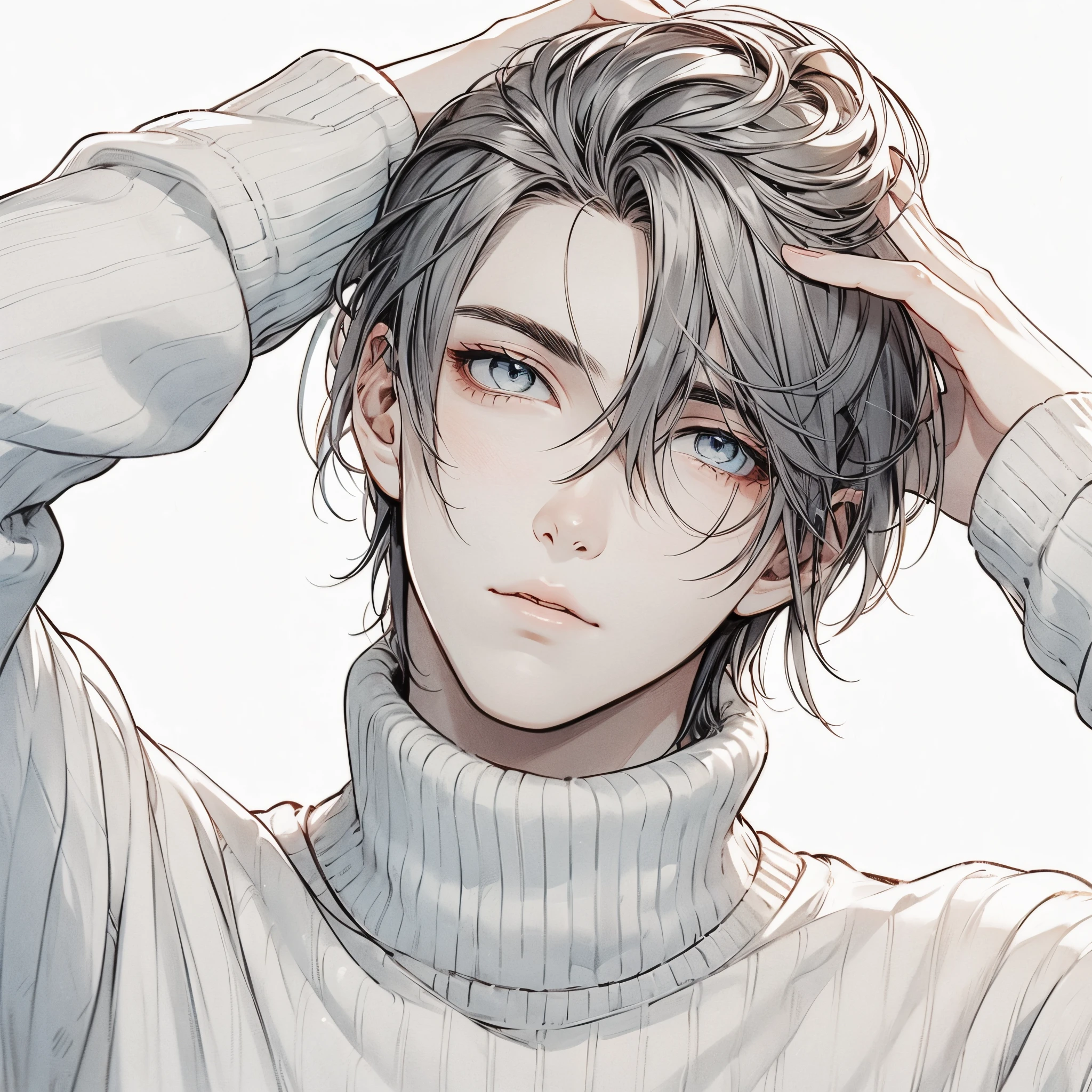 Beautiful young man, shoulder length hair, Straight hair, dull light blue hair, White High Neck Sweater, slit-eyes, Gray eyes, Touch your head, Front view, Composition showing from the waist up, Cool, Handsome,High quality, amount of drawing, pixiv illustration