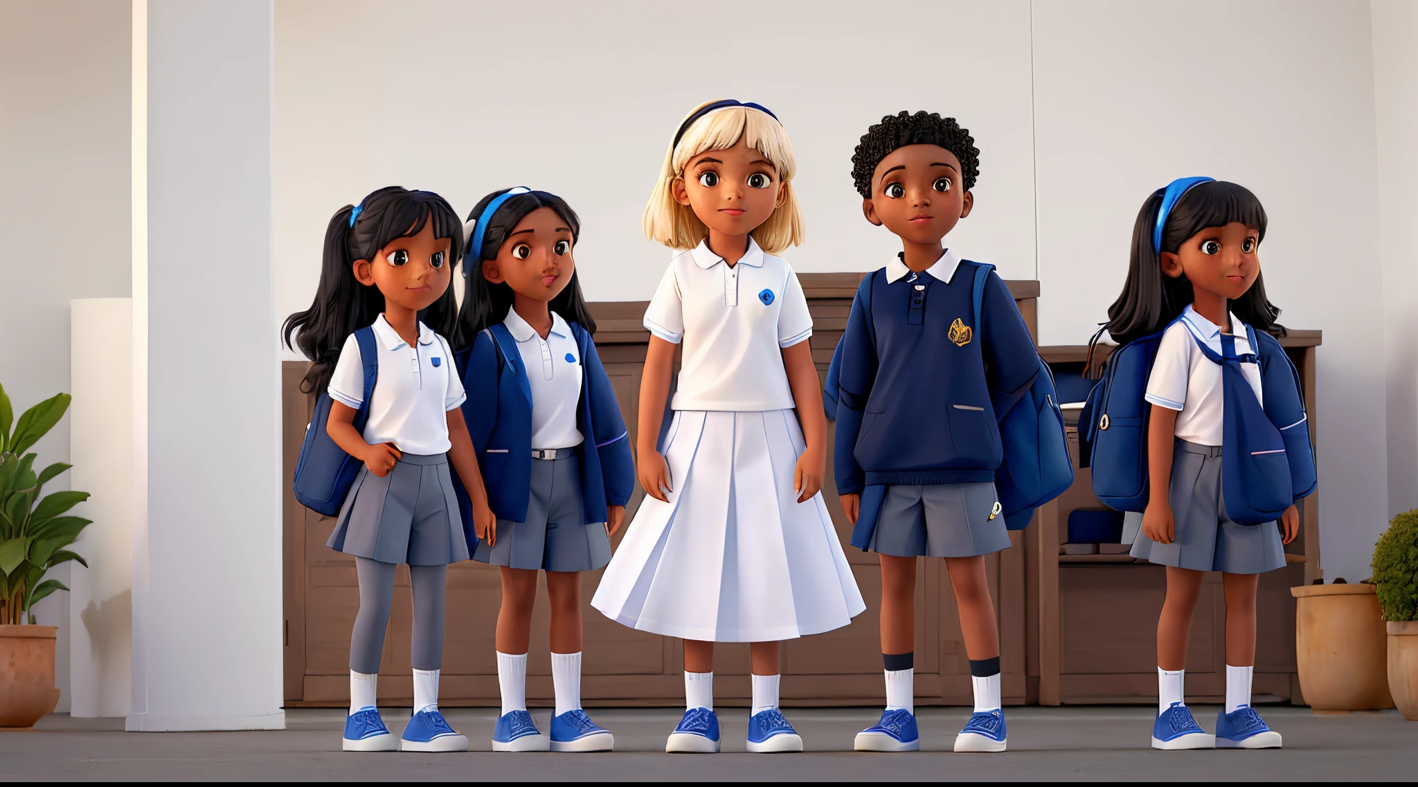 three girls with white pikes polo shirts and school skirt lead a boy with white pike polo shirt and lead pants, zapatos negros, medias azul marina