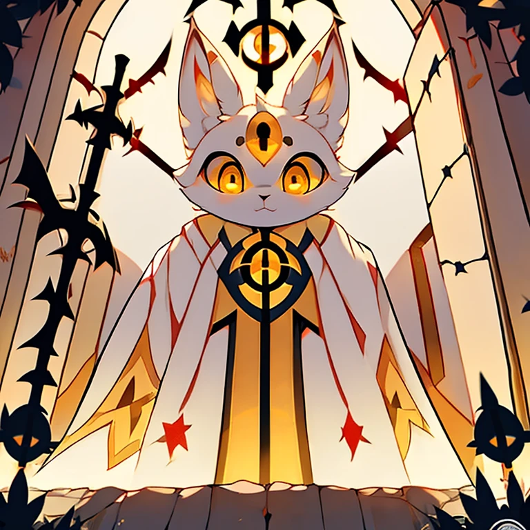 ( white bunny)  guarding a ancient door to the titans ( white cloak with golden that have symbols) ( the door symbol star on the front middle) ( golden eyes)  ( holding a staff) ( female) ( fluffy)