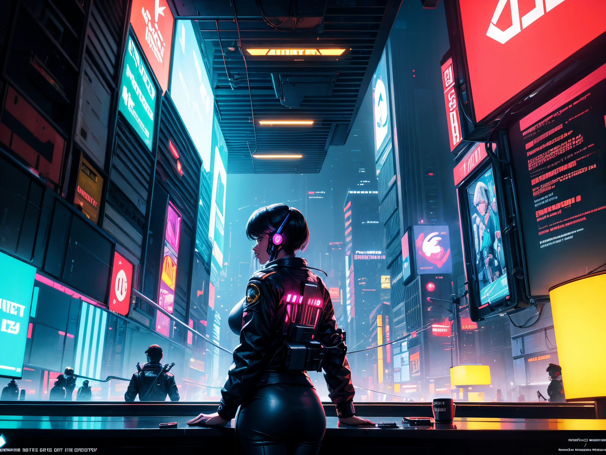 Picture the crew of the Enterprise NCC-1701-D, enormous tits, in a cyberpunk universe, navigating neon-lit cityscapes and high-tech environments. Capture the cyberpunk vibe seen in the works of Syd Mead or Simon Stålenhag.