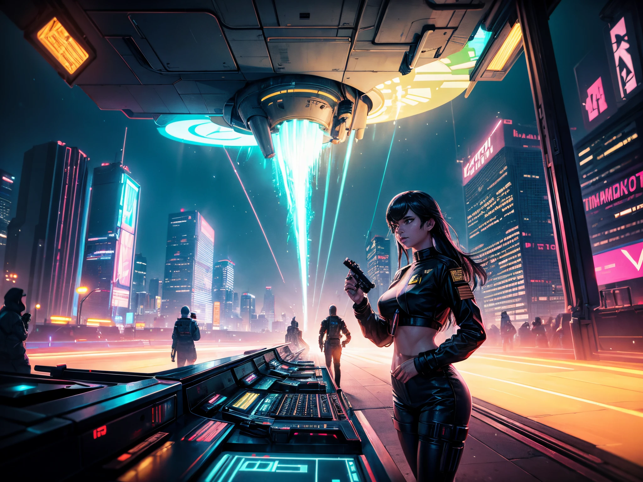 Futuristic cityscapes with colorful all-glass outlined towering skyscrapers with lightning, flying vehicle. High-resolution OLED GUI interfaces in the building, The windows are filled with transparent data visualization infographics that show it all, Egyptian fantasy arts, Egyptian statue, (Egyptian hieroglyphics). Colors are saturated and vibrant. At night, (1girl, solo, alone), photorealistic, large-breast slim:0.6 body, oval:0.5 face, cleavage:1.1, very low angle view of pleated miniskirt, deep-v, (upskirt), glove, (Matrix style black micro sunglasses), (aiming viewer with a short gun), dynamic running pose, (half-body thigh level close-up shot), cinematic lighting, ray tracing, motion blur background.