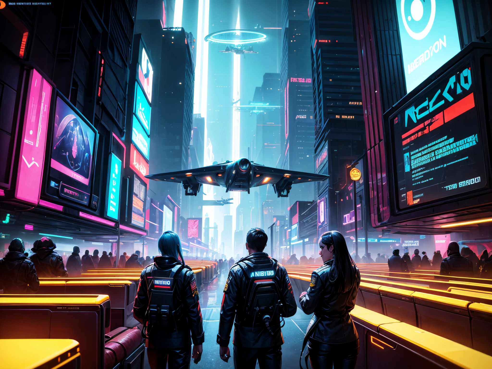 Picture the crew of the Enterprise NCC-1701-D, enormous tits, in a cyberpunk universe, navigating neon-lit cityscapes and high-tech environments. Capture the cyberpunk vibe seen in the works of Syd Mead or Simon Stålenhag.