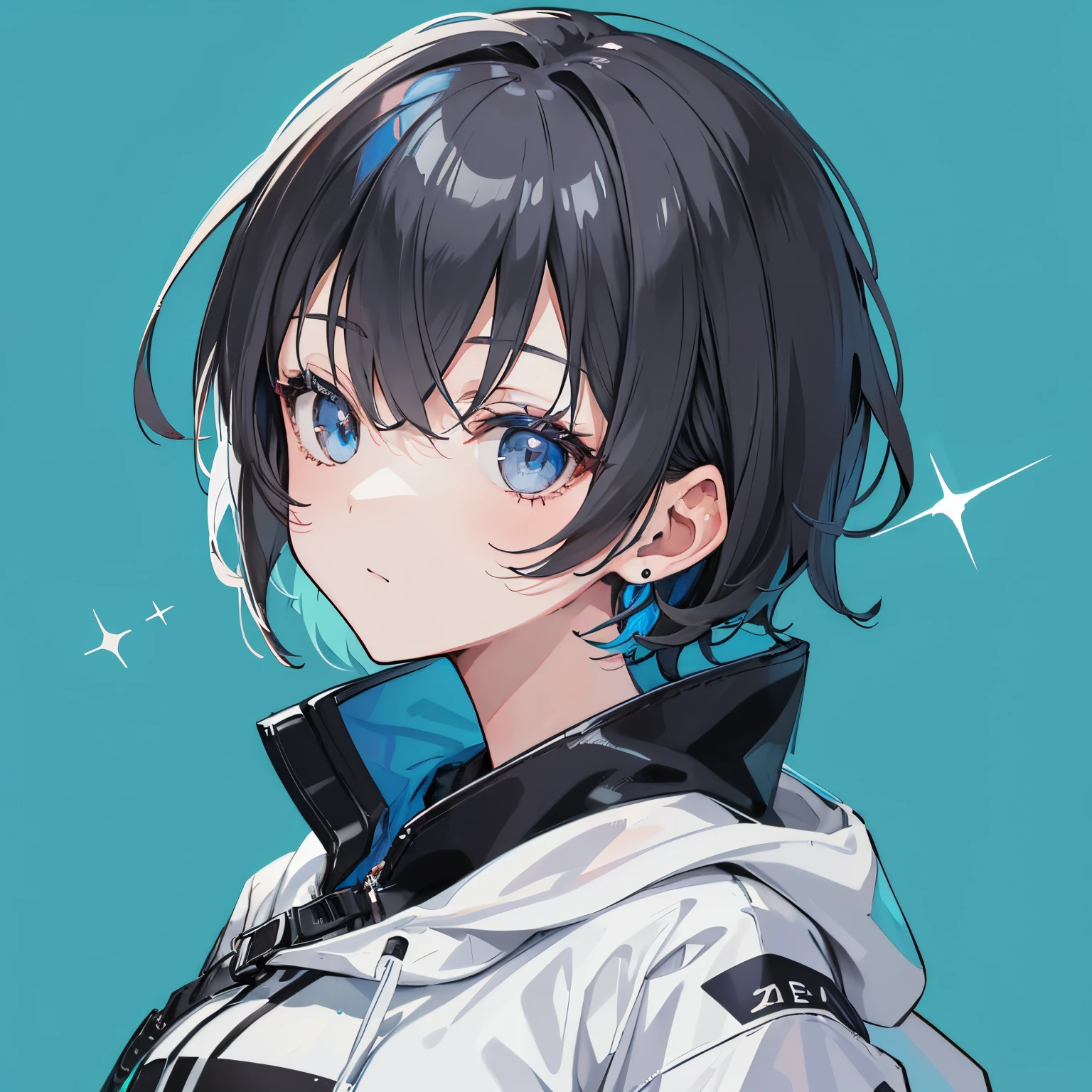 (masutepiece:1.2, Best Quality),  [1 girl in, expressioness, Turquoise eyes, Slate-gray hair, half short cut hair,White Jacket,jacket comes off, ] (Gray white background:1.7),
