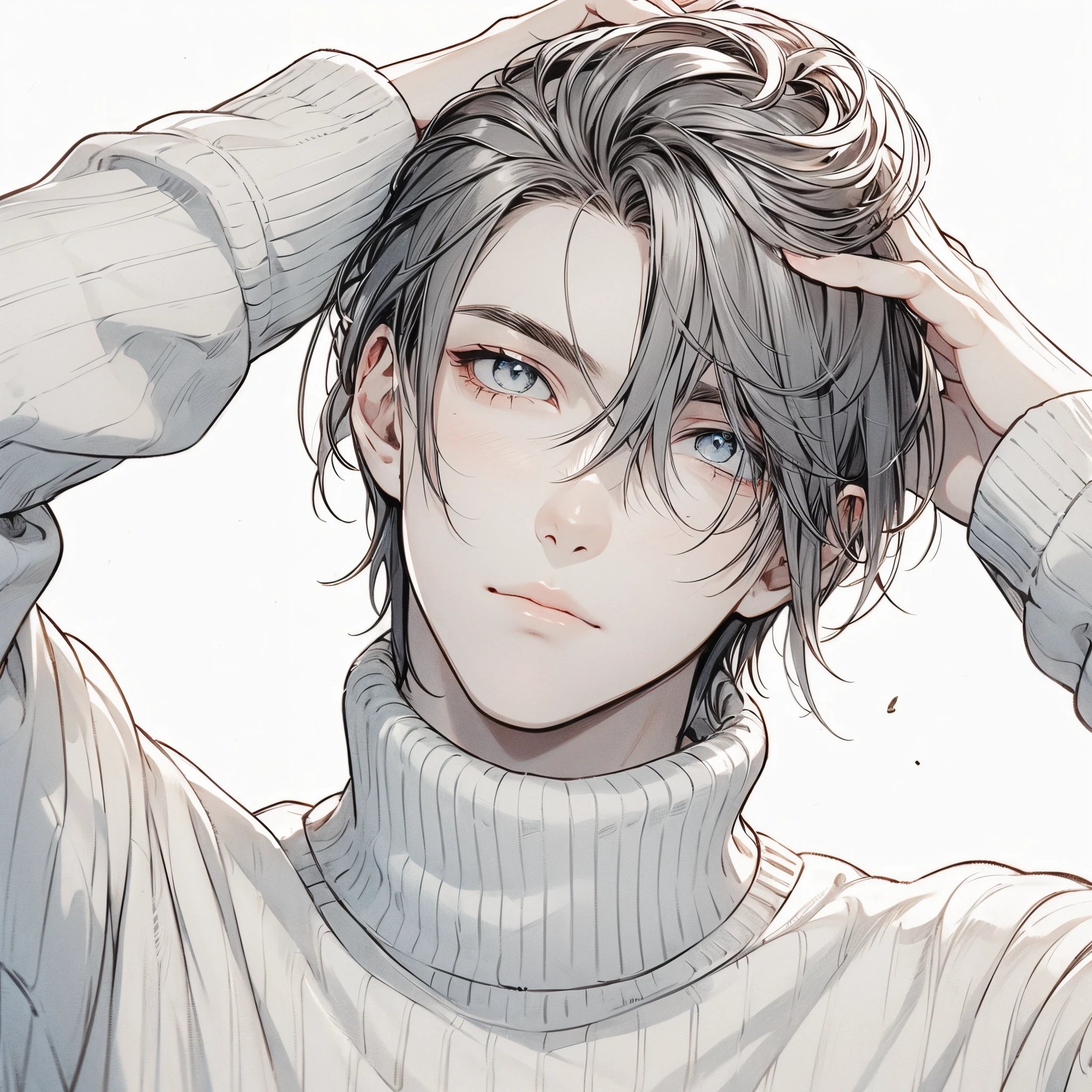 Beautiful young man, shoulder length hair, Straight hair, dull light blue hair, White High Neck Sweater, slit-eyes, Gray eyes, Touch your head, Front view, Composition showing from the waist up, Cool, Handsome,High quality, amount of drawing, pixiv illustration