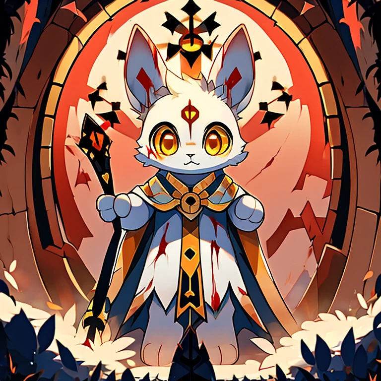 ( white bunny)  guarding a ancient door to the titans ( white cloak with golden that have symbols) ( the door symbol star on the front middle) ( golden eyes)  ( holding a staff) ( female) ( covered in blood)