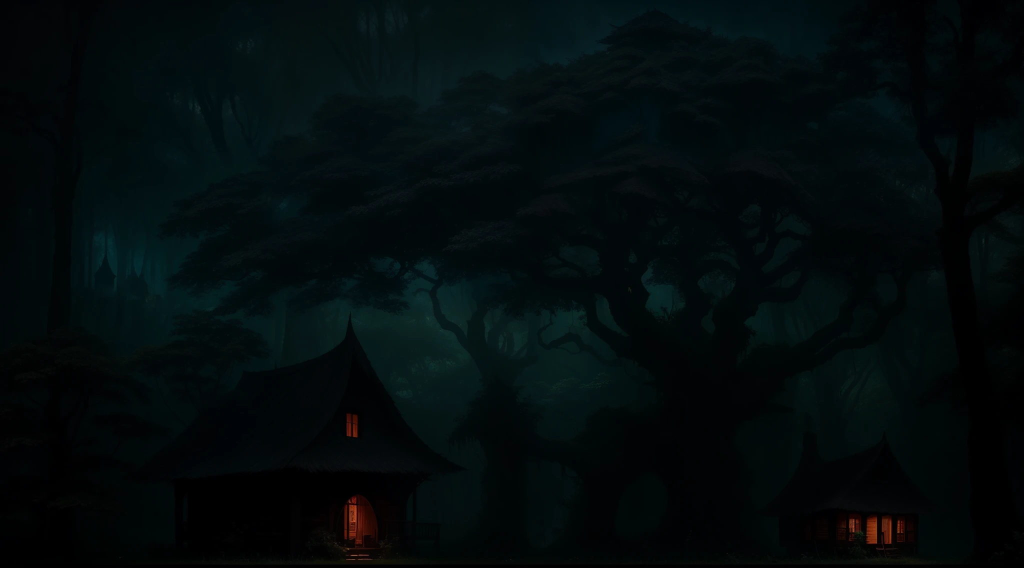 uma cena noturna azul escura com uma casa assustadora no meio da floresta, dark fantasy setting, tree house, Floresta Assombrada, assombroso e assustador, Casa de bruxa na floresta, atmosfera assustadora e assustadora, A casa na floresta, creepy and dramatic atmosphere, tree house, fantasy tree, Cabana de Bruxa, haunted house, eerie looking, haunted house themed, gorgeous with sinister vibes